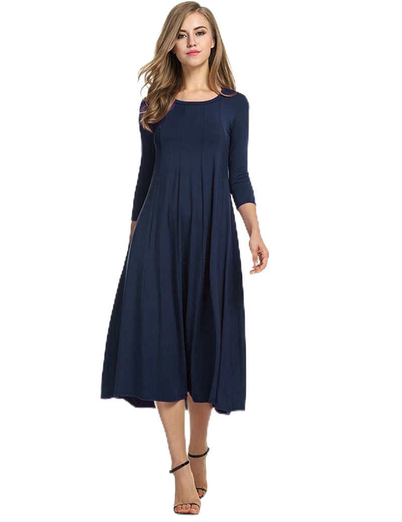 HOTOUCH Women's Round Neck Casual Pleated Tshirt Midi Dress (Navy Blue L) - Image 1